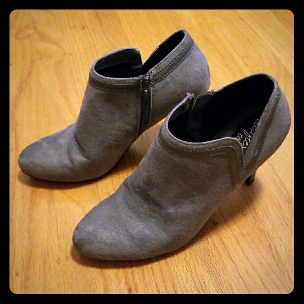Gray heeled booties